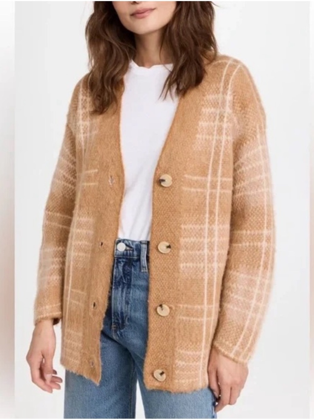 VINCE Alpaca & Woolblend Cardigan In Gold Scotch Plaid Women’s Size XS/S